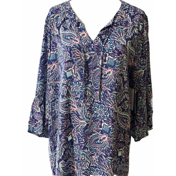 Caribbean Joe Dress L Rayon Paisley Blues Flutter Elbow Sleeves Flowy Boho Chic - Picture 2 of 14